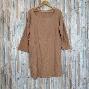 Po-em M Natural Cotton Tan Shift Tunic Dress Pockets Minimalist Boho Lagenlook